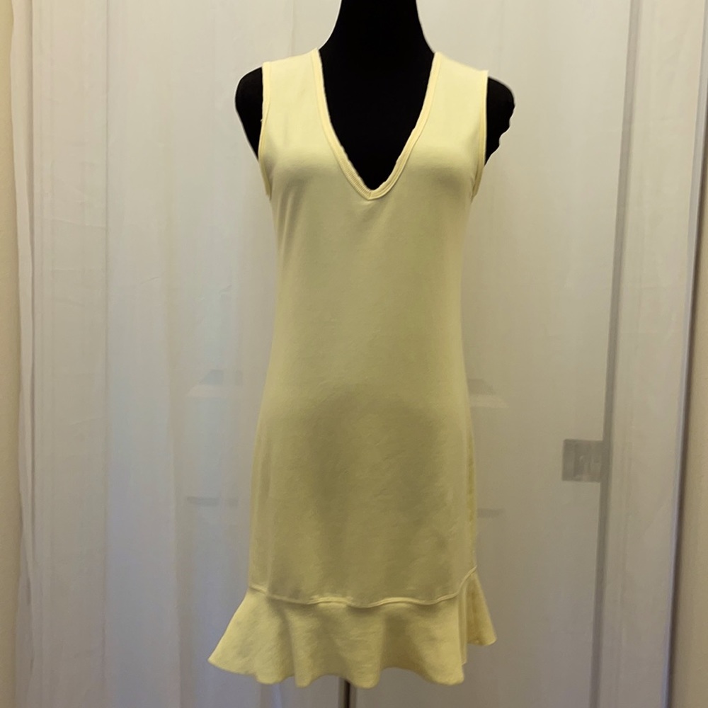Sundays butter yellow vneck sleeveless terry dress with peplum flounce sz S